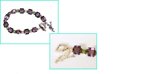 Three photos of the fundraising bracelet. The left is the amethyst purple and peridot green or on the right is the indicolite teal blue and peridot green Swarovski crystals. Bottom center is a detail of the sterling silver charm of the First Signs logo, a little child pointing to a butterfly.